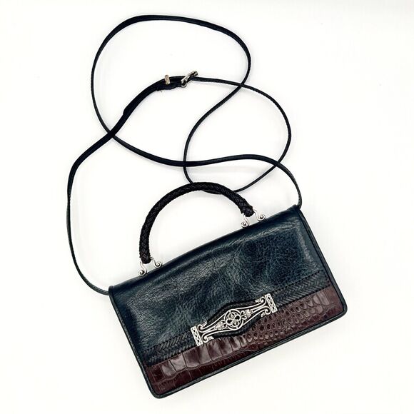 Vintage Brighton Crossbody Organizer Purse Black Brown Croc Embossed - Picture 1 of 12